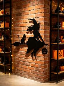 1 Peça Decoração de Parede de Ferro Bruxa Voadora, Bruxa Montada em Vassoura com Silhueta de Gato Preto e Abóbora, Decoração de Jardim, Adequado para Sala de Estar, Lareira, Varanda, Quintal, Jardim, Decoração de Festa de Halloween, Melhor Presente de Decoração para Casa para Amigos/Família - Gato Bruxo - Visão 2