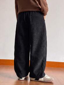 1pc Boys' American Minimalist College Style Comfortable Corduroy Loose Casual Long Pants - Black - View 2
