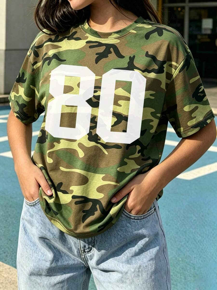 [Retour à l'école] 1 pièce T-shirt à manches courtes imprimé pour les filles préadolescentes, T-shirt d'été décontracté à col rond, convient pour l'uniforme scolaire quotidien, les courses, les jeux, les vêtements pour jeunes étudiants, top d'été pour enfants - Militaire verte - Voir 1