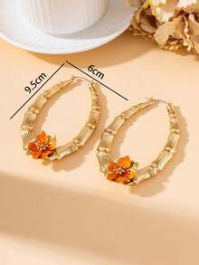 1 Paar elegante Damen-Creolen im Boho-Stil für den Sommerurlaub, oval, mit Bambusknoten, Emaille, handgefertigt, Tropfenöl-Optik, orangefarbene Blume - Orange - Übersicht 6