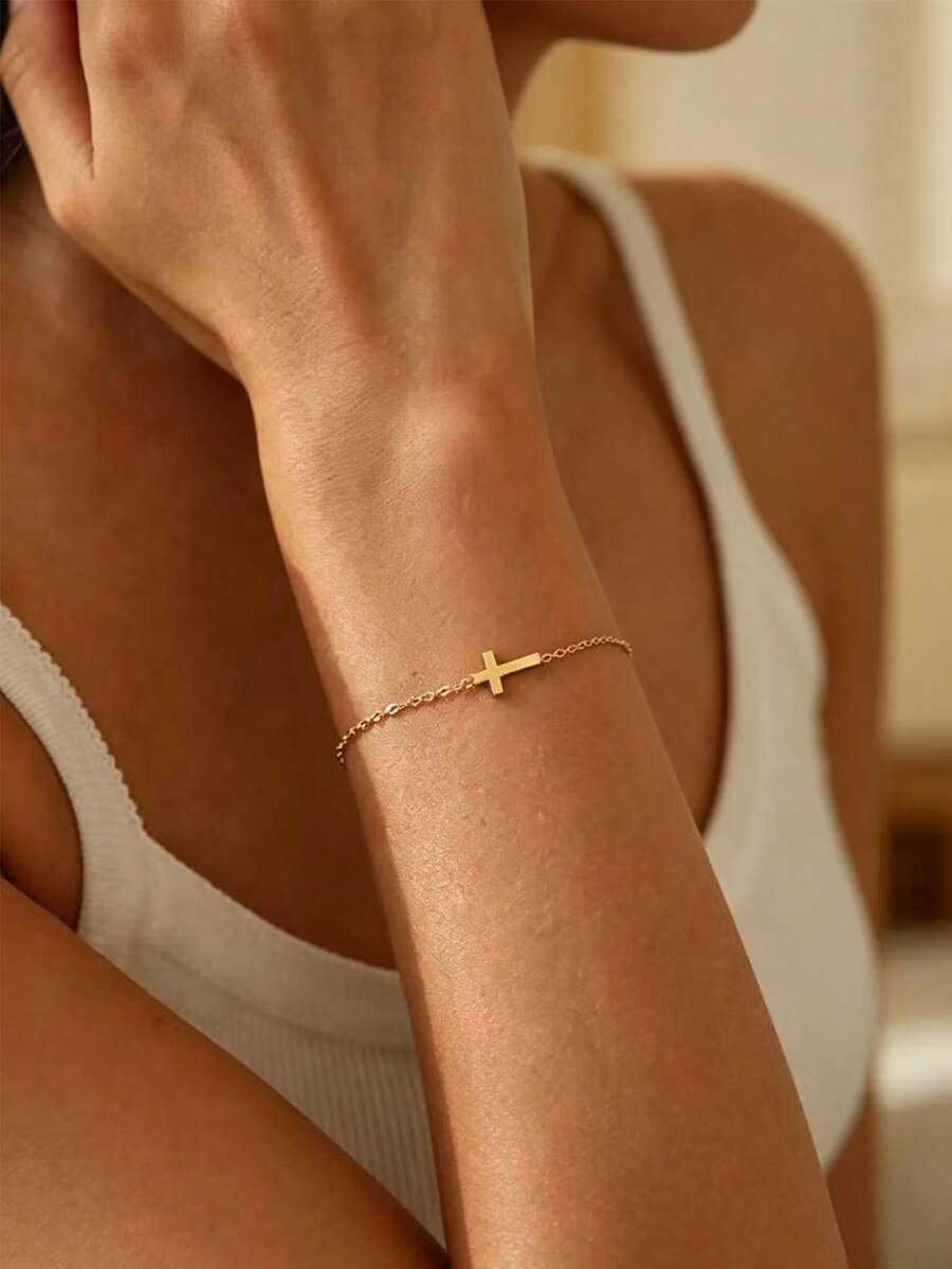 1pc Stainless Steel Non-Fading Gold Cross Delicate Versatile Women's Bracelet - Gold - View 1