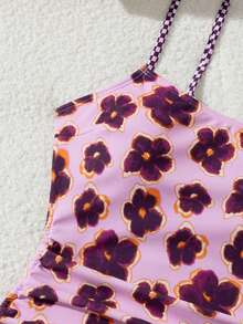 Ladies' Vacation Flower Paired With Checkered Printed Flat Chest One-Piece Swimsuit Suitable For Island Vacation Swimming Beach Summer - Multicolor - View 5
