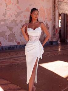 ADYCE Elegant Spaghetti Strap Waist-Cinched Backless Fitted Slit Midi Party Dress, Prom Gown, Back To School, Back To School Date Dress White Wedding Fall - White - View 6