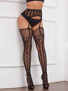 1 Pair Black White Red Women's Fishnet Suspender Pantyhose, Heart & Floral Pattern Thigh High Stockings With Garter Belt, Summer Travel Party Cosplay Gift - Multicolor - View 17