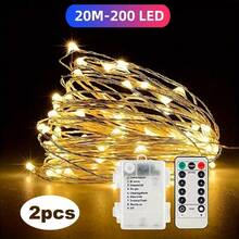10m/20m 100/200 LED 灯串，暖白色，带 8 功能遥控器，防水闪烁 LED 灯，适用于卧室、宿舍、后院、婚礼、树木、墙壁、装饰 - 金色 - 查看 20
