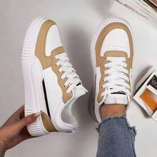 Women's New Lace-Up Unisex White Sneakers, Plus Size Women's Shoes, Modern Fashion Outdoor Street Campus Versatile Casual Sports Shoes - Khaki - View 1