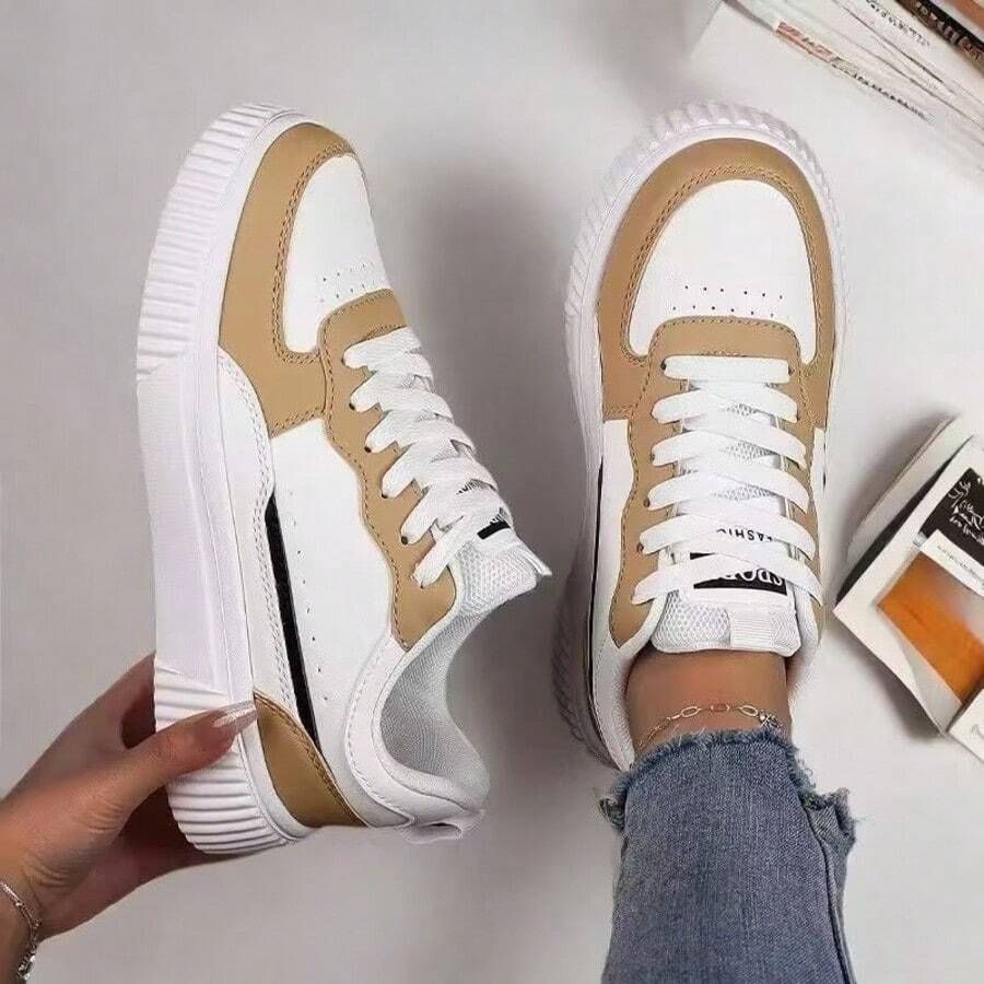 Women's New Lace-Up Unisex White Sneakers, Plus Size Women's Shoes, Modern Fashion Outdoor Street Campus Versatile Casual Sports Shoes - Khaki - View 1