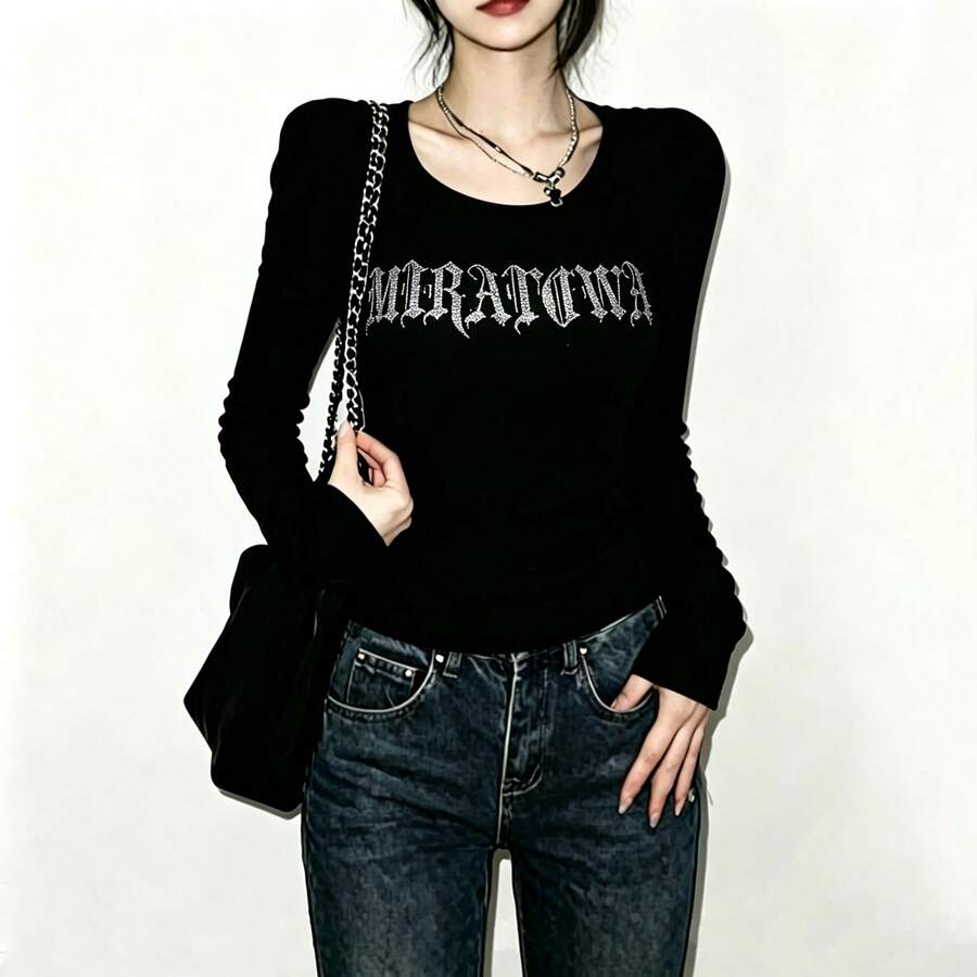 Kaos Wanita Lengan Panjang Hitam Pas Badan dengan Desain Rhinestone Mewah, Atasan Dalaman Pelangsing, Atasan Minimalis Modis untuk Musim Gugur - Hitam - View 1
