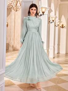 Elegant Women's Long Sleeve Stand Collar A-Line Dress, Decorated With 3D Roses And Pleated Design, Formal Charming Evening Gown Wedding Party Fall - Mint Green - View 7