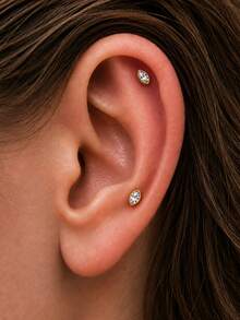 1pc S925 Sterling Silver CZ Zirconia Ear Cartilage Stud Earrings, Flat Back Screw Back, Marquise Pear Shape, Hypoallergenic, Suitable For Helix And Tragus, Daily And Party Wear - Gold - View 5