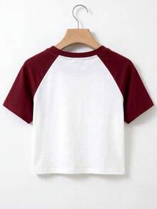Kaos Wanita Musim Panas Desain Minimalis Warna-warni Lengan Raglan Kerah Bulat Lengan Pendek dengan Cetakan Huruf, Modis, Serbaguna, Kasual untuk Pakaian Sehari-hari - Red and White - View 4