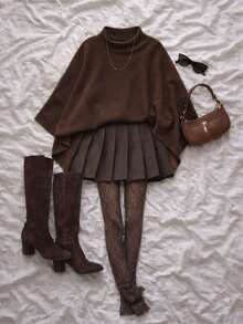 EAVA French Vintage Autumn Brown Poncho Sweater: Casual Asymmetric Pullover Loose Knit Cape Top - Brown - View 5