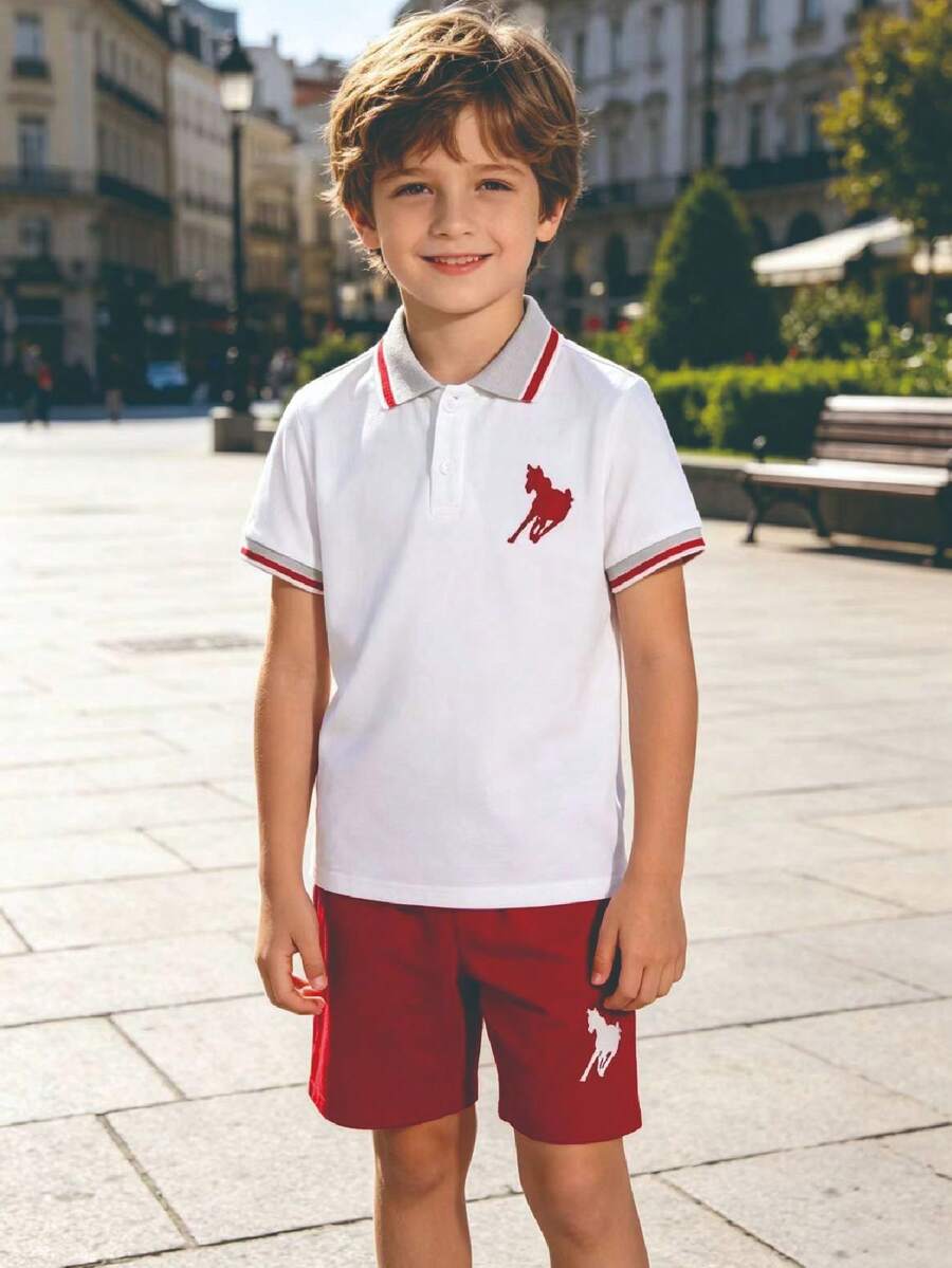 Set de 2 piezas de top de manga corta con cuello de botones y pantalones cortos de unicolor casual para niños, primavera/verano - Rojo - Ver 1