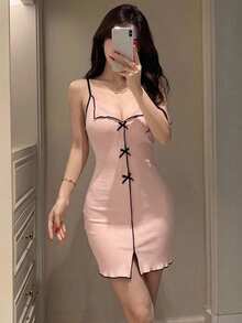 DAZY 女士夏季休闲连衣裙，罗纹蝴蝶结性感修身纯色吊带舒适吊带裙，适合户外穿着 - 珊瑚橙 - 查看 5