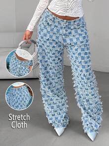 Blue Washed Patchwork Jeans With Plaid Distressed Details, Suitable For Daily, Office And Date Wear, Perfect For June Holidays Casual Fall - Blue - View 9