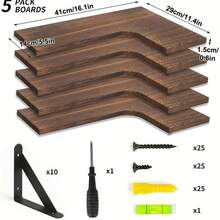 Set mensole sospese 3/5 pezzi con staffe rinforzate in acciaio, capacità di carico 18kg per ripiano, installazione semplice, Cucina/Bagno/Soggiorno/Camera da letto - 3 pezzi di colore bruciato chiaro - Visualizzare 10