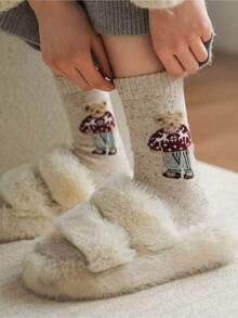 5 Pairs Vintage Polka Dot Short Socks With Cute Bear Pattern, Suitable For Warmth In Autumn And Winter. 1/3/5 Pairs - Set a - View 4