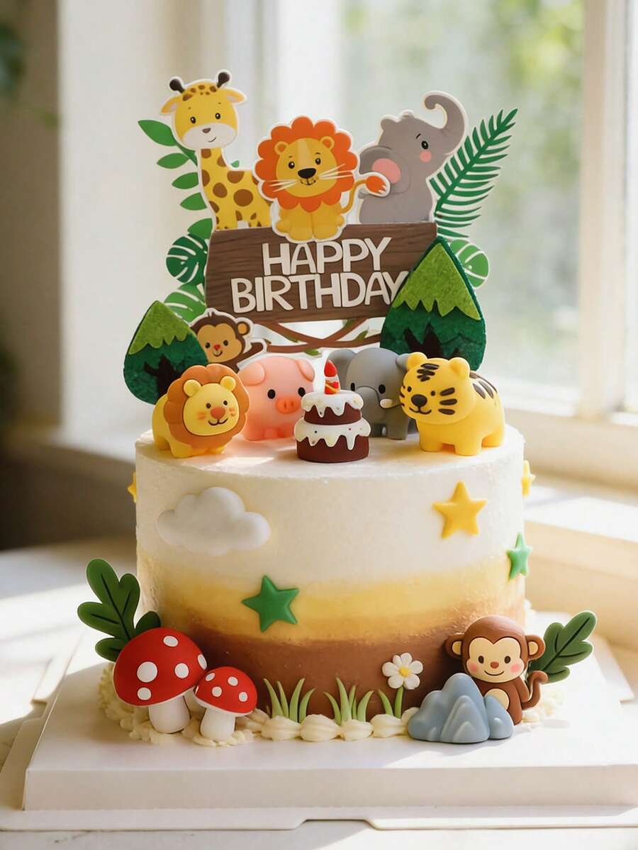 1pc Neutral Baby Jungle Animal Soft Decor, For Dessert Table Decoration, Forest Style Cake Topper, Suitable For Baby Shower And Birthday Party - Multicolor - View 1