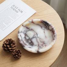 1pc Luxury Natural Marble Round Jewelry Tray, Polished Cosmetic Storage, Home & Office Desk Decor - White + Light Purple - View 1