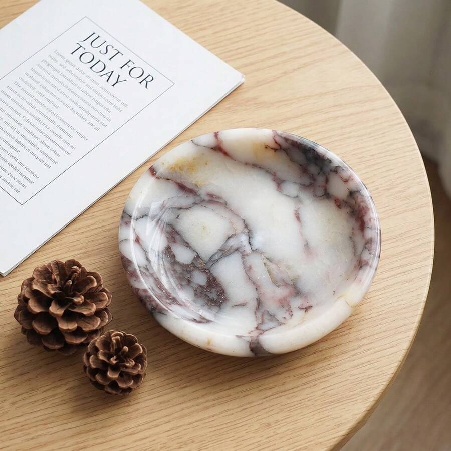 1pc Luxury Natural Marble Round Jewelry Tray, Polished Cosmetic Storage, Home & Office Desk Decor - White + Light Purple - View 1
