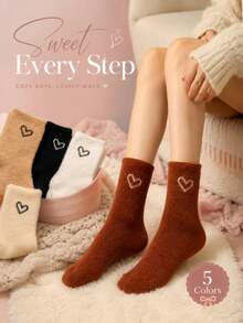 10/5/1 Pair Women's Fluffy Fuzzy Socks, Heart Embroidered Warm Comfortable Winter Casual Mid-Calf Socks - Multicolor - View 5
