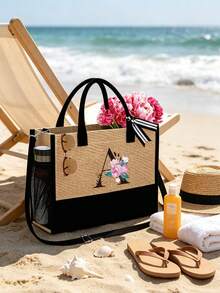 Women's Beach Tote Bag With Shoulder Strap, Pink Peony Flower A-Z Letter Print Tote Bag, Comes With Shoulder Strap And Makeup Bag; Vacation Beach Commute Shopping Bag, Gift Bag With Side Pockets, Large Capacity Handbag, Can Hold Books, Cosmetics, Parasol, Suitable For Daily Commute, Travel, Picnic, Camping, Students, Large Capacity Laptop Tote Bag, Student Commute Canvas Bag, Back To School Gift, Teacher's Day Gift - Multicolor - View 5