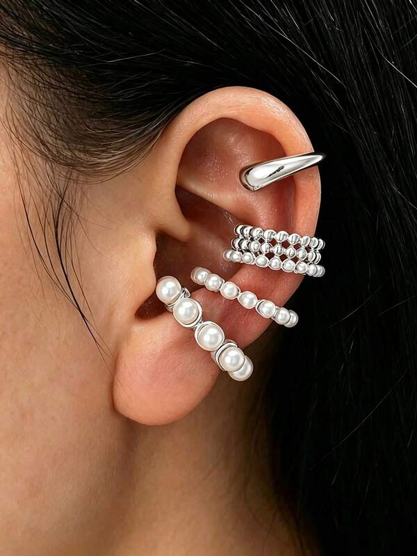 4pcs Minimalist Elegant Water Drop Faux Pearl Ear Clips, Unique Design For Women, Suitable For Daily Wear