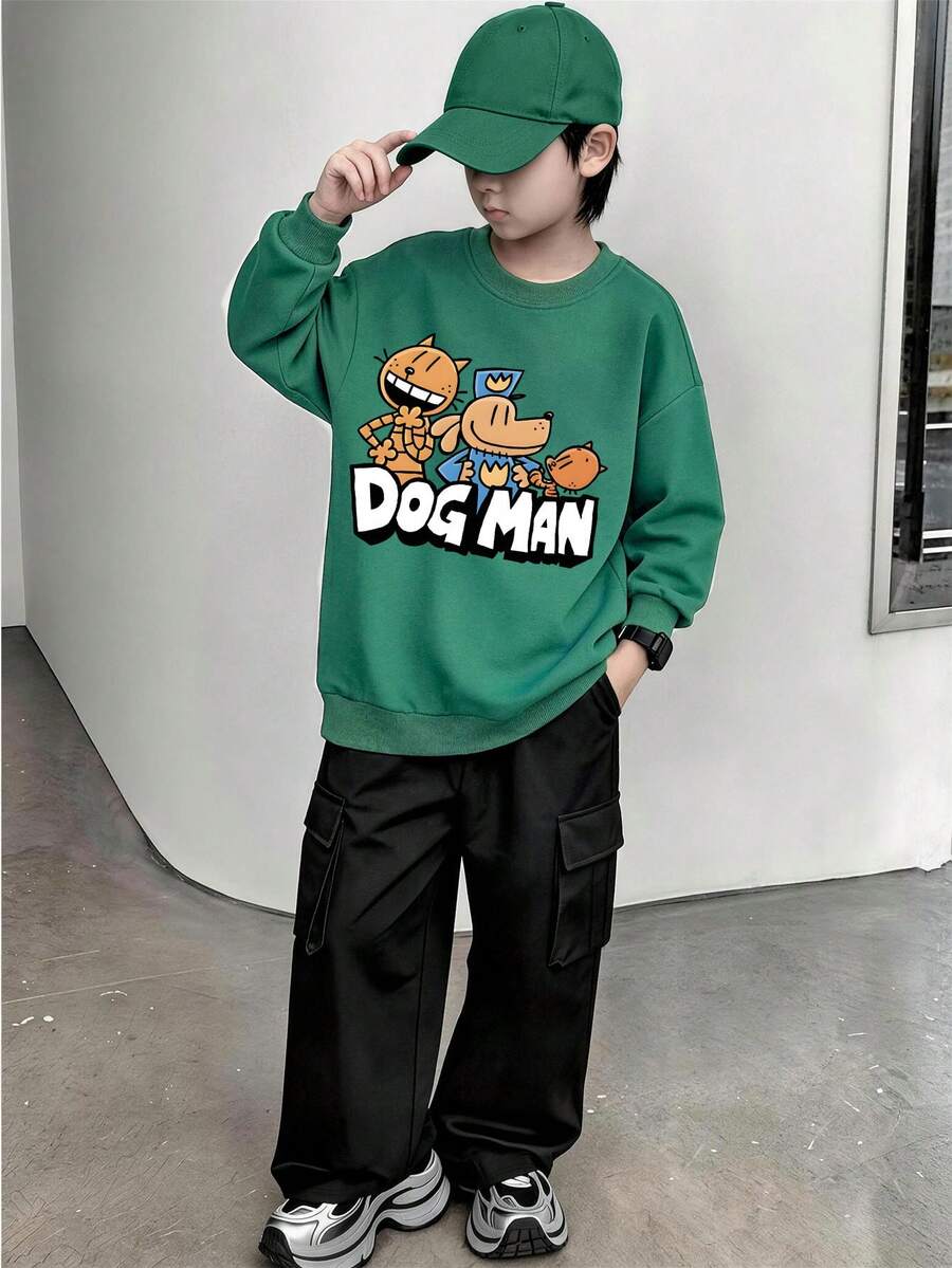 2pcs/Set Crew Neck Sweatshirt & Cargo Pants Outfit For Boys, Cartoon Dog Print Crew Neck Sweatshirt & Cargo Pants Matching Set, Suitable For Autumn/Winter Daily Wear - Multicolor - View 1