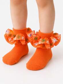 1 Pair Girls Halloween Short Socks With Mesh Lace, Versatile Holiday Outfit Socks For Kids - Orange - View 5