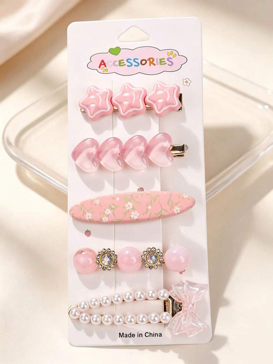 5pcs Daily Fashion Versatile High-End Rhinestone Heart Bow Hair Clips, Loose Hair Clips, Bangs Decoration Hair Accessories Set - 26715 - View 1