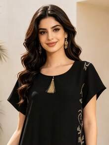 Heavy Gold Embroidery Arabic Women's Black Elegant Dress, JALABIA Gold Tassel Round Neck Short Sleeve Minimalist Style Dress, 2026 Summer Casual Wear - Black - View 4