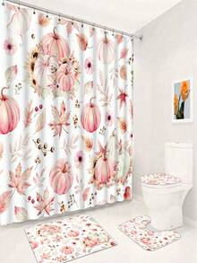 1/4pcs Thanksgiving Autumn Harvest Pink Maple Leaf Pumpkin Shower Curtain Set, With 12 Hooks Waterproof Polyester Shower Curtain, Bathroom Curtain, Privacy, Thickened, Durable Quick Dry - A - View 20