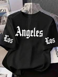 大尺碼女款休閒哥德風 Angeles 大膽字母印花圓領短袖 T-shirt 上衣，春夏秋季大尺碼黑色夏季款 - 黑色 - 查看 5