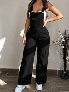 Autumn Popular Solid Color Cargo Pocket Wide Leg Overall Jumpsuit For Commuting Halloween - Black - View 5
