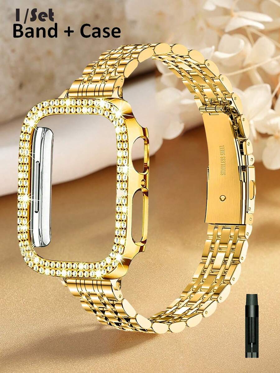 1件組適用於Apple Watch錶帶 38/40/41/42/44/45/46mm 不鏽鋼金屬金色細錶帶 + TPU全包覆防摔防刮保護殼,相容於Watch Series 11/Ultra/SE/10/9/8/7/6/5/4/3/2/1 錶帶與錶殼配件 - 金色 - 查看 1