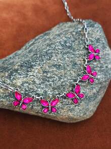 1pc American Western Colorful Gemstone Butterfly Necklace, Distressed Silver Rectangular Chain, Vintage Style Girl Collarbone Necklace - Necklace - View 6