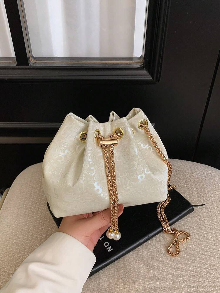 Mini New Fashion Straw Woven Gold Chain Drawstring Bucket Bag Beach Bag - White - View 4
