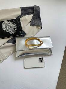 Dedoo 黑色亮面人造皮革長方形手拿包，大號橢圓金屬扣極簡奢華女款包，適合婚禮派對約會宴會日常 - 銀色 - 查看 9