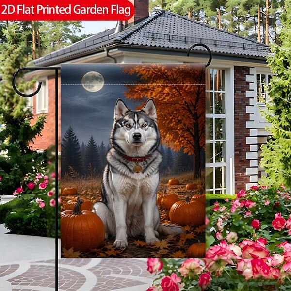 2D Flat Garden Flag 1pc, Autumn Full Moon Pumpkin & Pet Double-Sided Printed Garden Flag, Durable Polyester Outdoor Yard Decor, Suitable For Yard And Patio Decoration, Scene Decor, Celebration Arrangement, Home And Scene Decoration, 12x18 Inches, Flag Pole Not Included (2D Flat Pringthing)