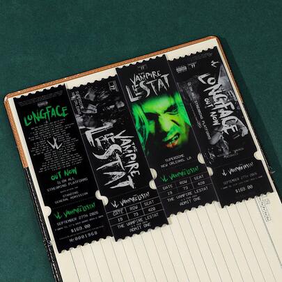 Marcapáginas de acrílico con forma de entradas de conciertos vintage, marcapáginas creativos con temática de rock gótico que presentan vampiros y talones de entradas de cara alargada; regalos festivos para fans del rock, entusiastas de la cultura gótica y amantes de los libros