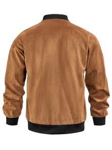 Men's Spring/Autumn Suede Aviator Jacket, Full Zip Casual Outerwear, Soft And Lightweight, Machine Washable, Multiple Colors, Daily Street Fashion Men's Gift - Khaki - View 5