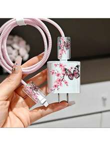 5pcs/Set Charger Cable Protector For IPhone17/16/15/14/13/12/11 Pro Max Charger Protective Shell - Pink White Cherry Blossom Branch/Pink Black Butterfly Pattern - Elegant Chinese Country Style, Compatible With Apple 20W Fast Charger And 18W Data Cable Protector, Anti-Break/Anti-Tangle/Anti-Damage, Gift For Friends - Cherry Blossoms and Butterflies - View 4