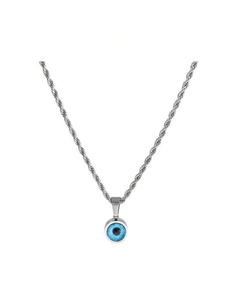 RAYQUEEN 1pc Stainless Steel Bohemian Blue Eye Round Pendant Twisted Chain Long Necklace, Suitable For Men And Women, Perfect For Daily Wear - Silver - View 4