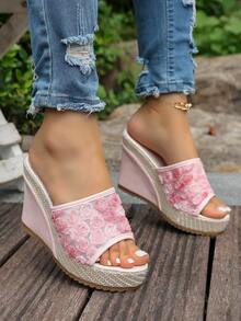 Women's Summer New Slip-On Wedge Platform Sandals, Thick Sole Mesh Floral Fabric, Lightweight Non-Slip High Heel Slouchy Slides - Pink - View 2