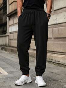Men's Casual Drawstring Waist Pants With Side Pockets, Suitable For Outdoor Sports And Daily Wear, All Season - Black - View 3