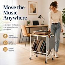 Rolling Record Player Stand With Vinyl Storage For 130 Albums, 2-Tier Turntable Table With Lockable Wheels, Metal Frame And Side Magazine Holder, White - Natural & White - View 7