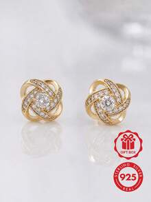 18K Gold Plated High-End Fashion 925 Sterling Silver Unique Floral Zirconia Inlaid Hollow Stud Earrings For Women Daily Wear - Floral Earrings - View 2