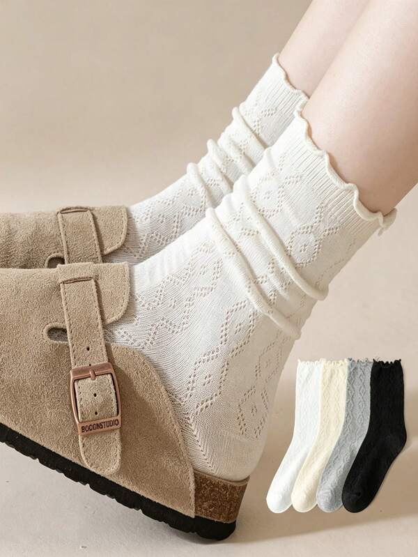 1/4/6 pares de calcetines de tobillo de malla con encaje fruncido para mujer, estilo otoñal con ribete de volantes de madera y diseño calado, calcetines apilados finos, transpirables y cómodos de primavera/verano con patrón de diamantes hasta la pantorrilla, calcetines de encaje suave para combinar con zapatos