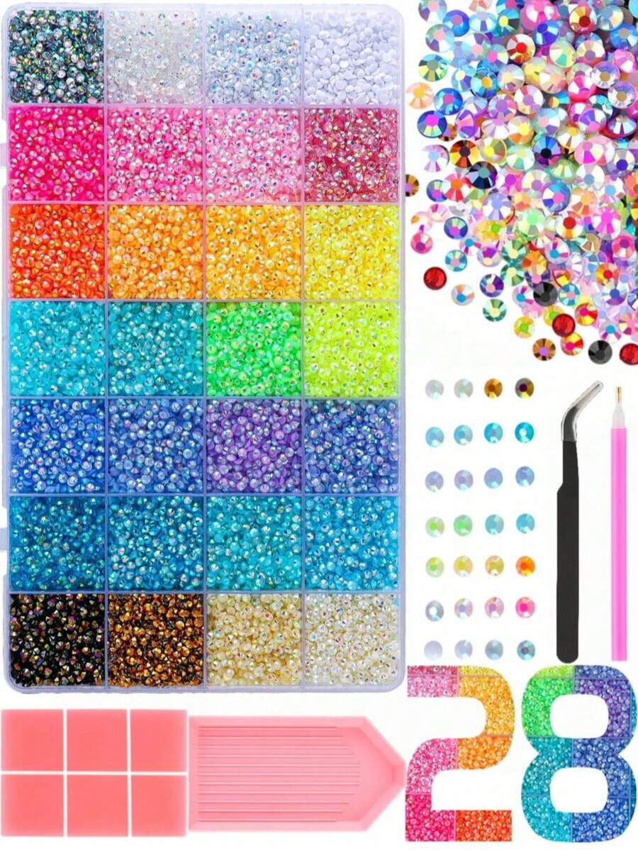 Set Rhinestone 28 Warna, Batu Rhinestone Resin Datar 3mm Aneka Warna, Cocok untuk Lukisan Berlian, Kerajinan Buku, Seni Kuku - MultiWarna - View 1