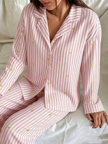 Nina Bonheur 2pcs Women Loose Comfortable Breathable Long Sleeve Top And Long Pants Pajama Set - Pink - View 4